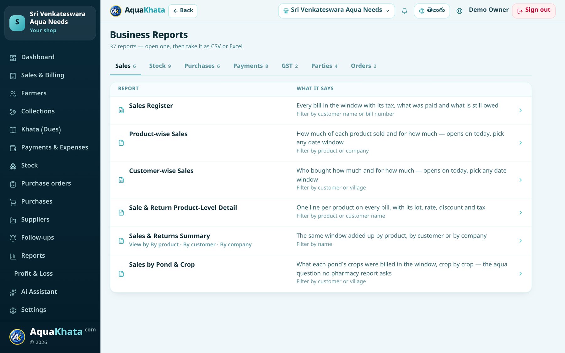 AquaKhata business reports — sales, stock, purchases, payments, GST, parties and orders