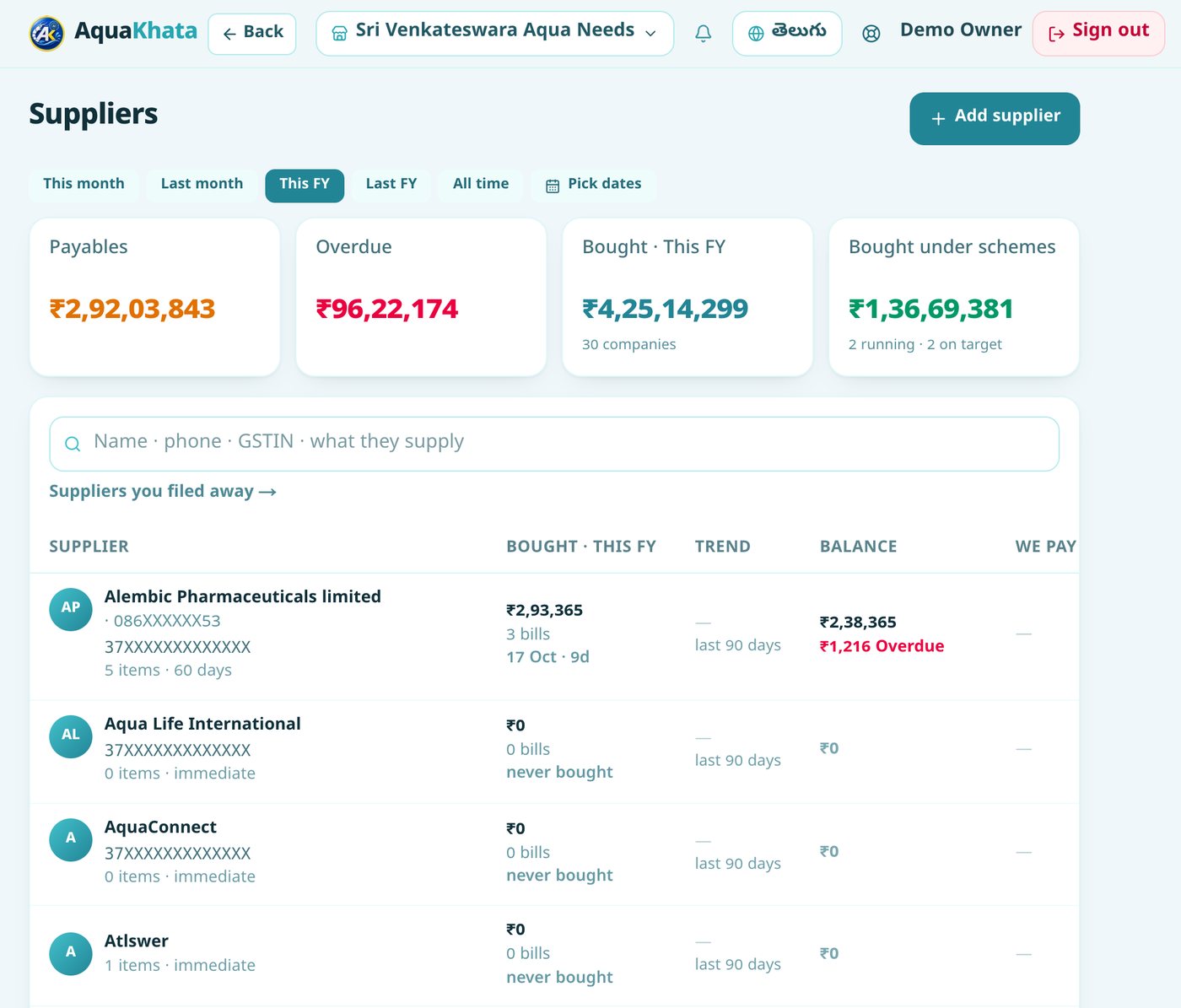 The suppliers screen in AquaKhata — payables, overdue and what was bought from each company