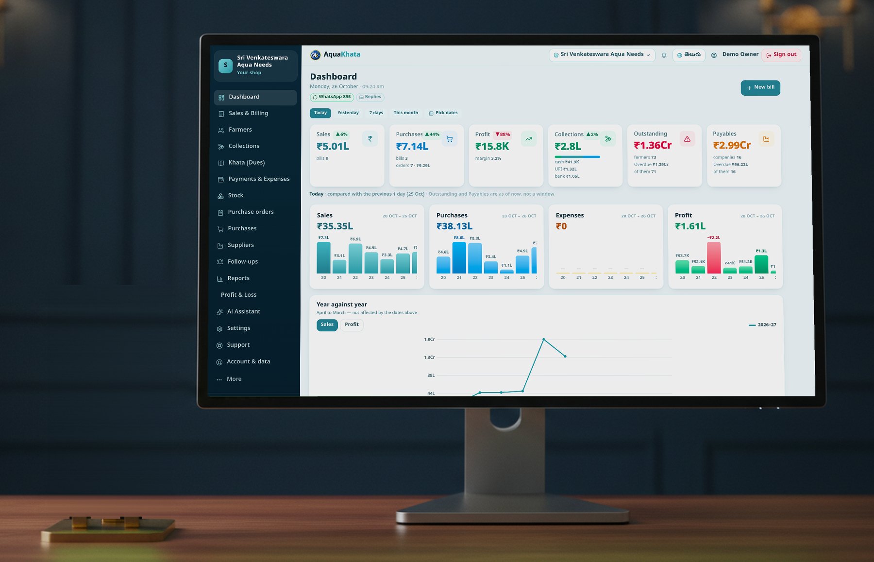 AquaKhata on a computer and a phone — the real Dashboard with today's sales, purchases, profit, collections and dues
