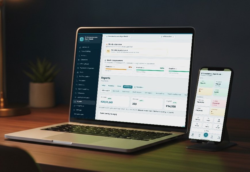 AquaKhata on a laptop and a phone — the Reports screen and the owner's Home screen