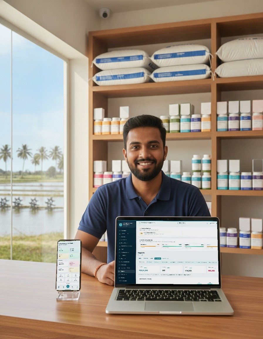 An aqua feed and medicine shop owner at his counter with AquaKhata on his laptop and phone