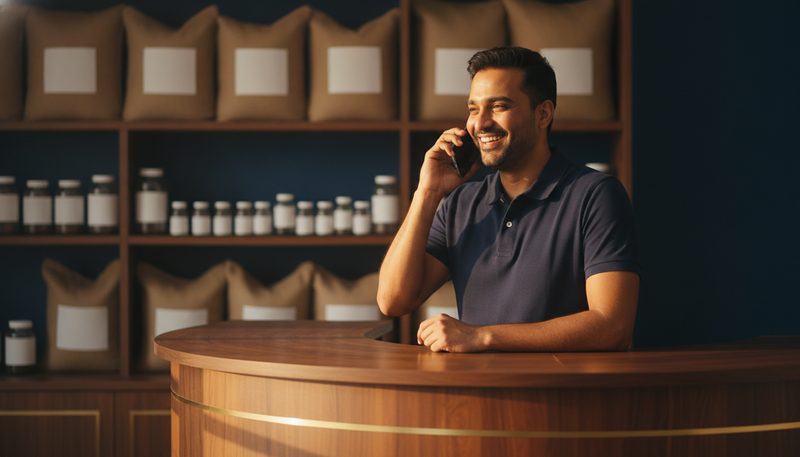 An aqua shop owner on a phone call at his counter