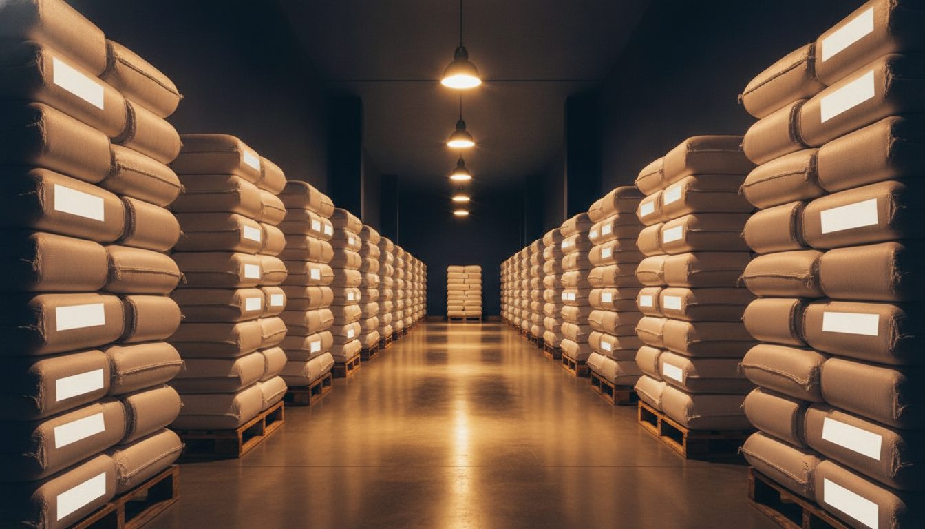 An aqua feed warehouse with neatly stacked feed sacks under golden lights