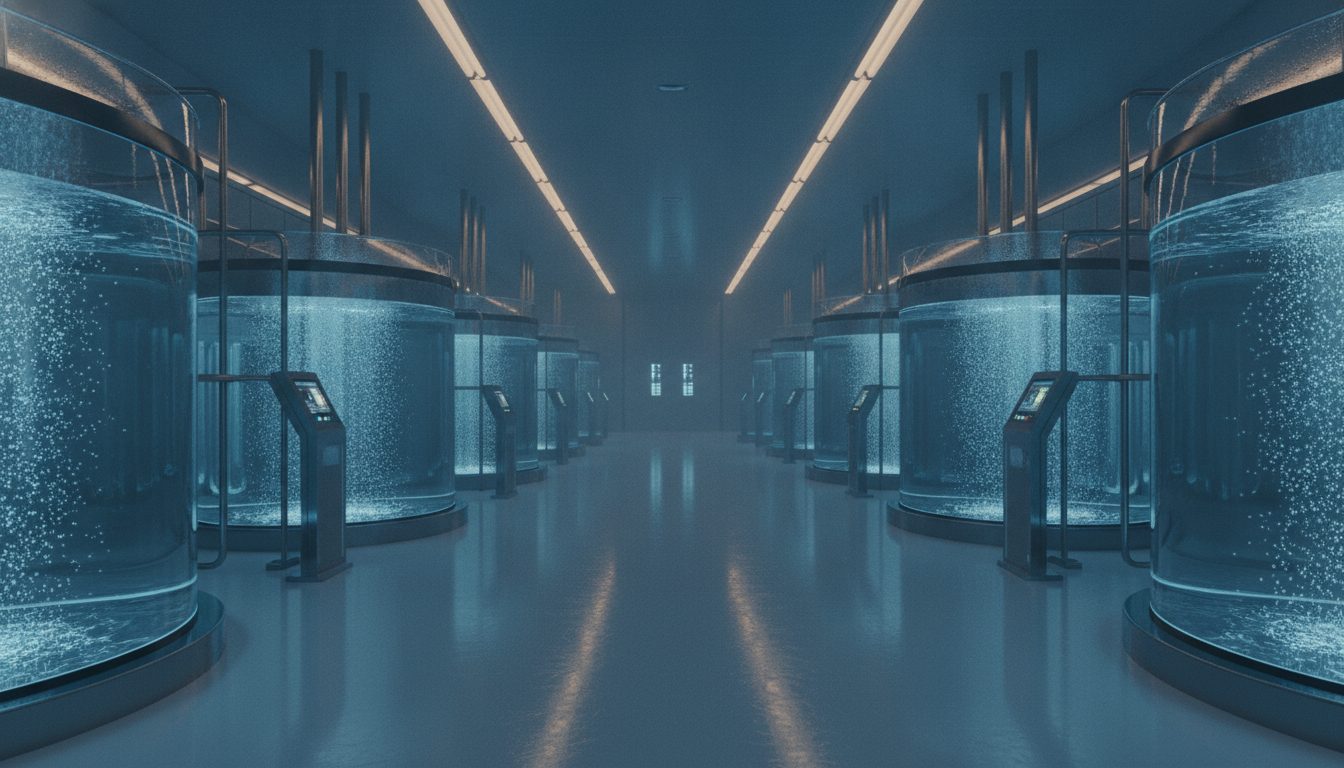 Rows of glowing larval rearing tanks inside a modern shrimp hatchery
