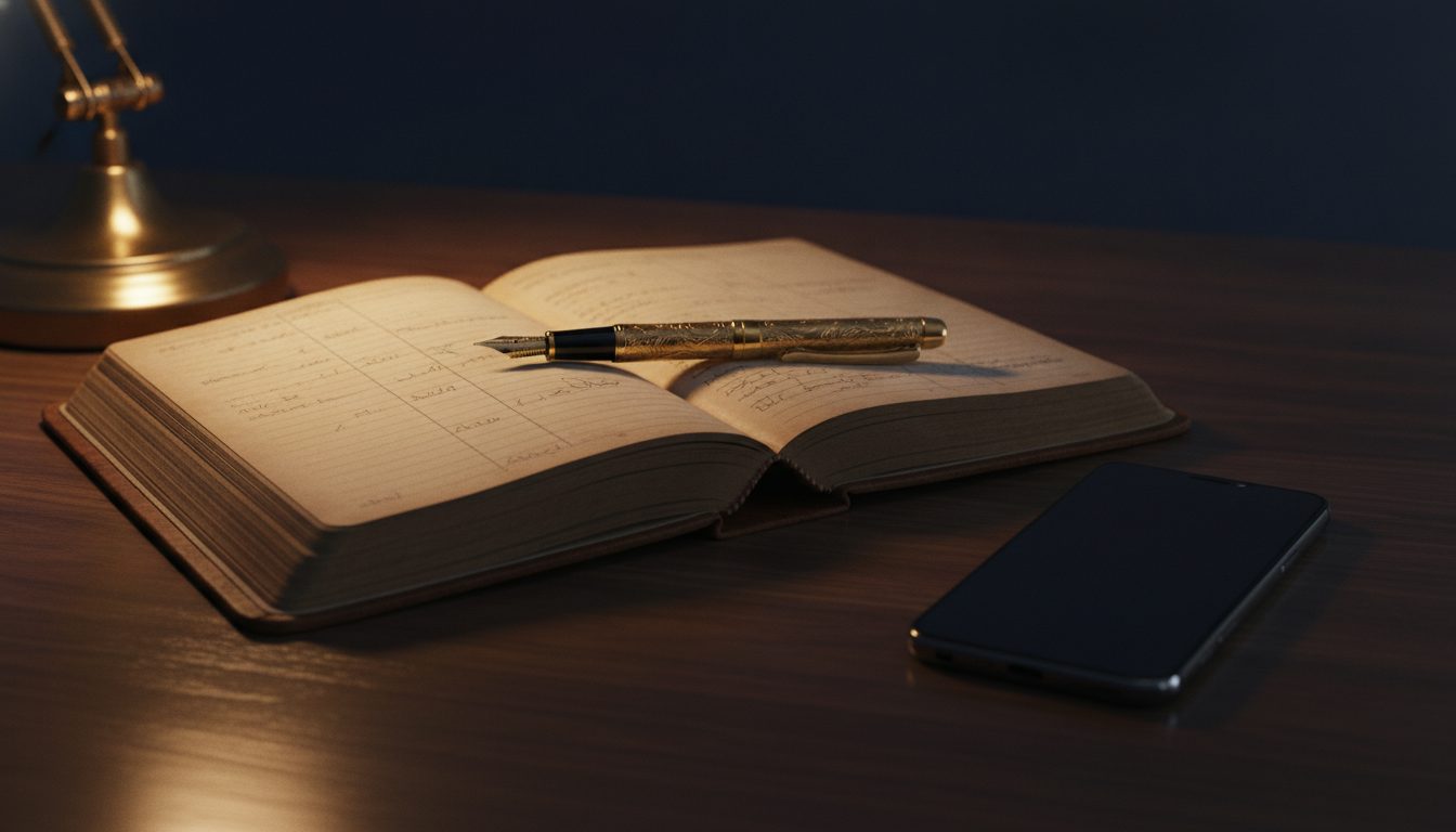 An old leather khata ledger with a gold pen beside a smartphone on a walnut counter