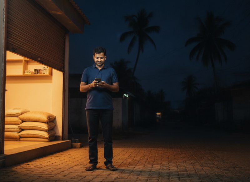 A shop owner closing his shop at night, checking the day on his phone