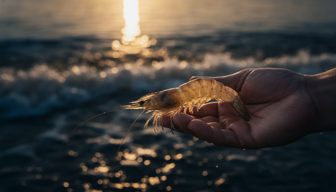A farmer holding a fresh vannamei shrimp above the pond at golden hour