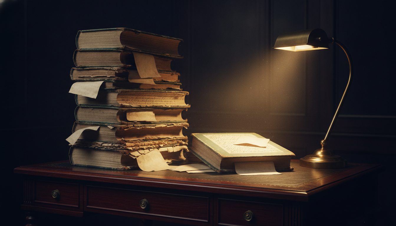 A pile of old account ledgers under a brass lamp