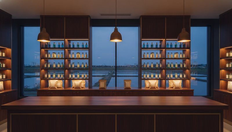 An aqua feed and medicine shop counter with shelves of feed and medicines