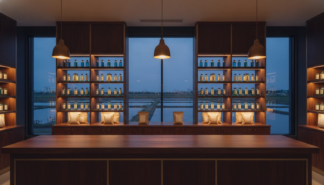 An elegant aqua medicine and feed store counter at evening, ponds outside the window