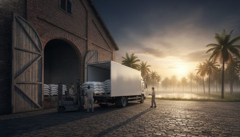A company truck unloading feed bags at a godown at dusk