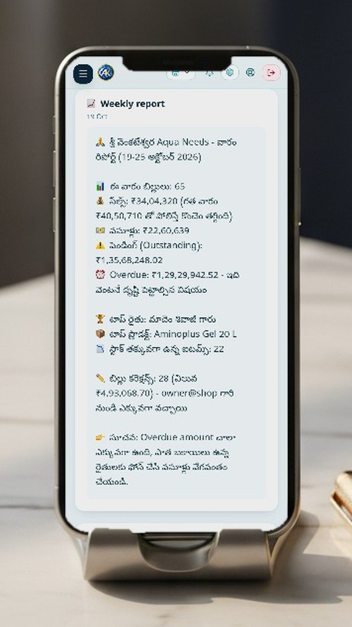 AquaKhata on a phone — The week's report — in Telugu