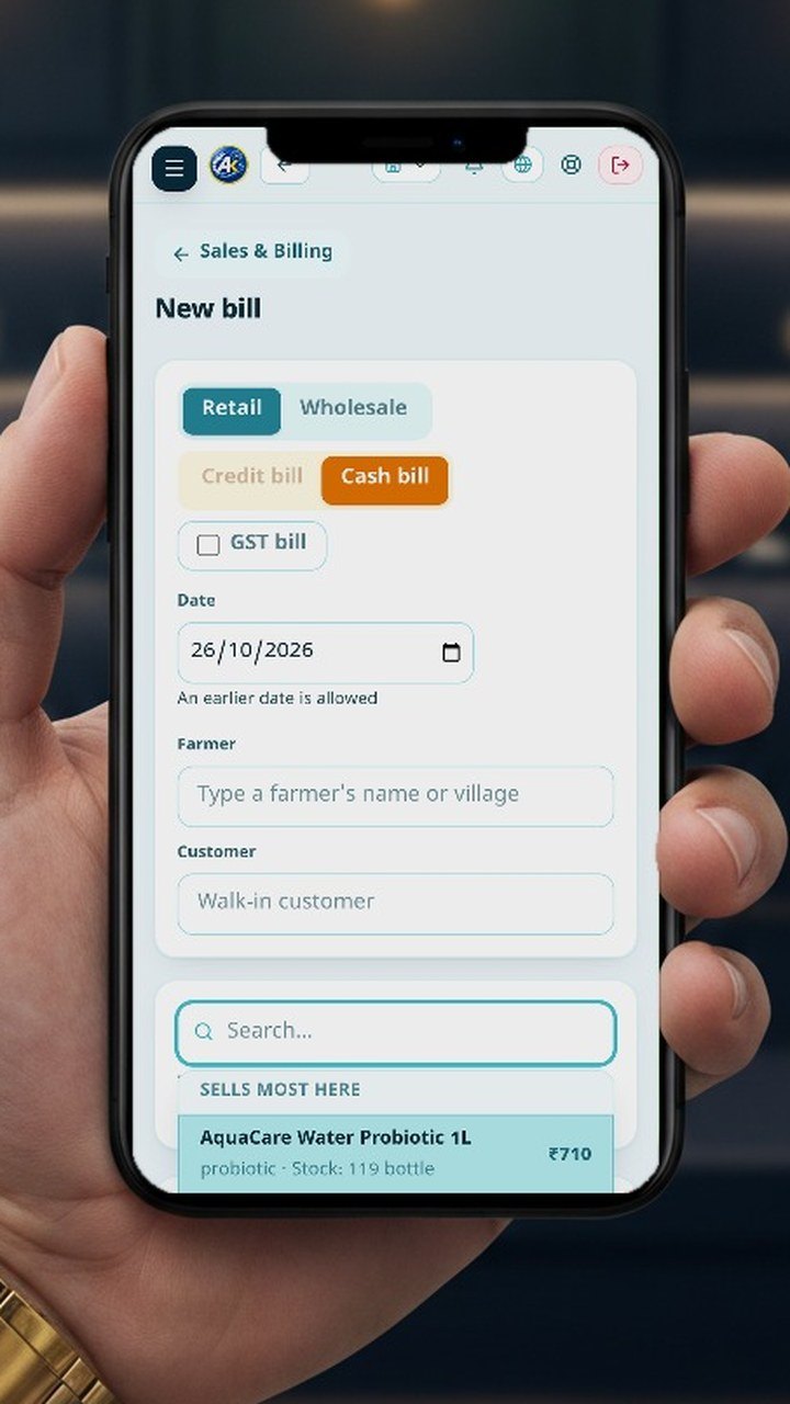 AquaKhata on a phone — A bill in seconds — credit or cash